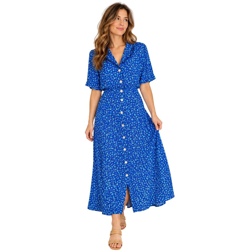 Vintage Womens Cottagecore Maxi Dress Sz 16 Blue Floral Button Front Ruffle Neck